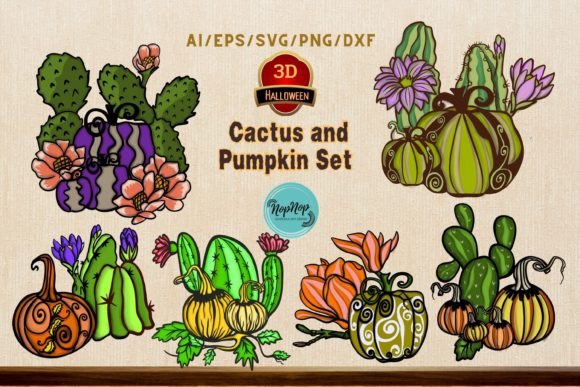 3D Halloween Cactus and Pumpkin Set