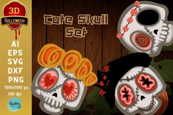 3D Halloween Cute Skull Set: A Laser Cutting Design for Autumn Amp Creations