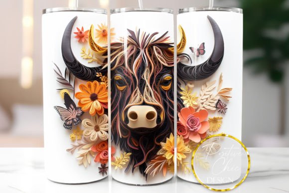 3D Highland Cow Tumbler Wrap Sublimation Graphics and Illustrations