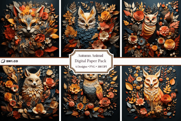 3D Paper Art Fox Flowers Backgrounds Graphics
