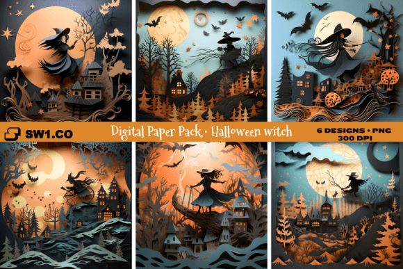 3D Paper Art Halloween Witch Background Graphics